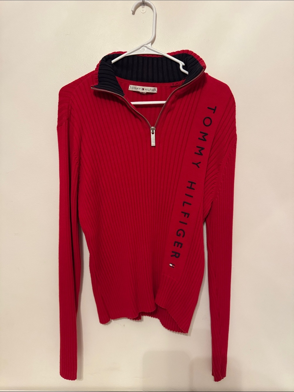 Tommy Hilfiger Red Ribbed Quarter-Zip Sweater with Navy Trim